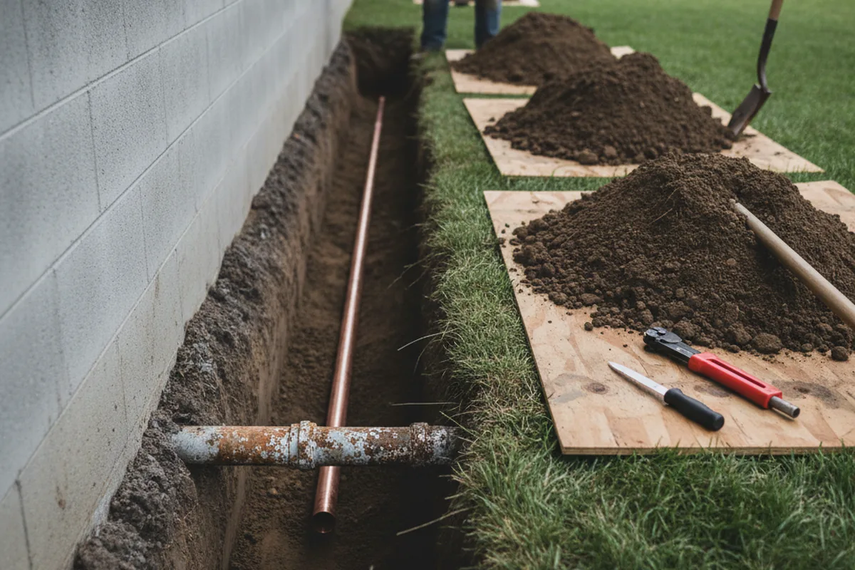 Excavated water line trench during Water Softener Installation in Greenfield